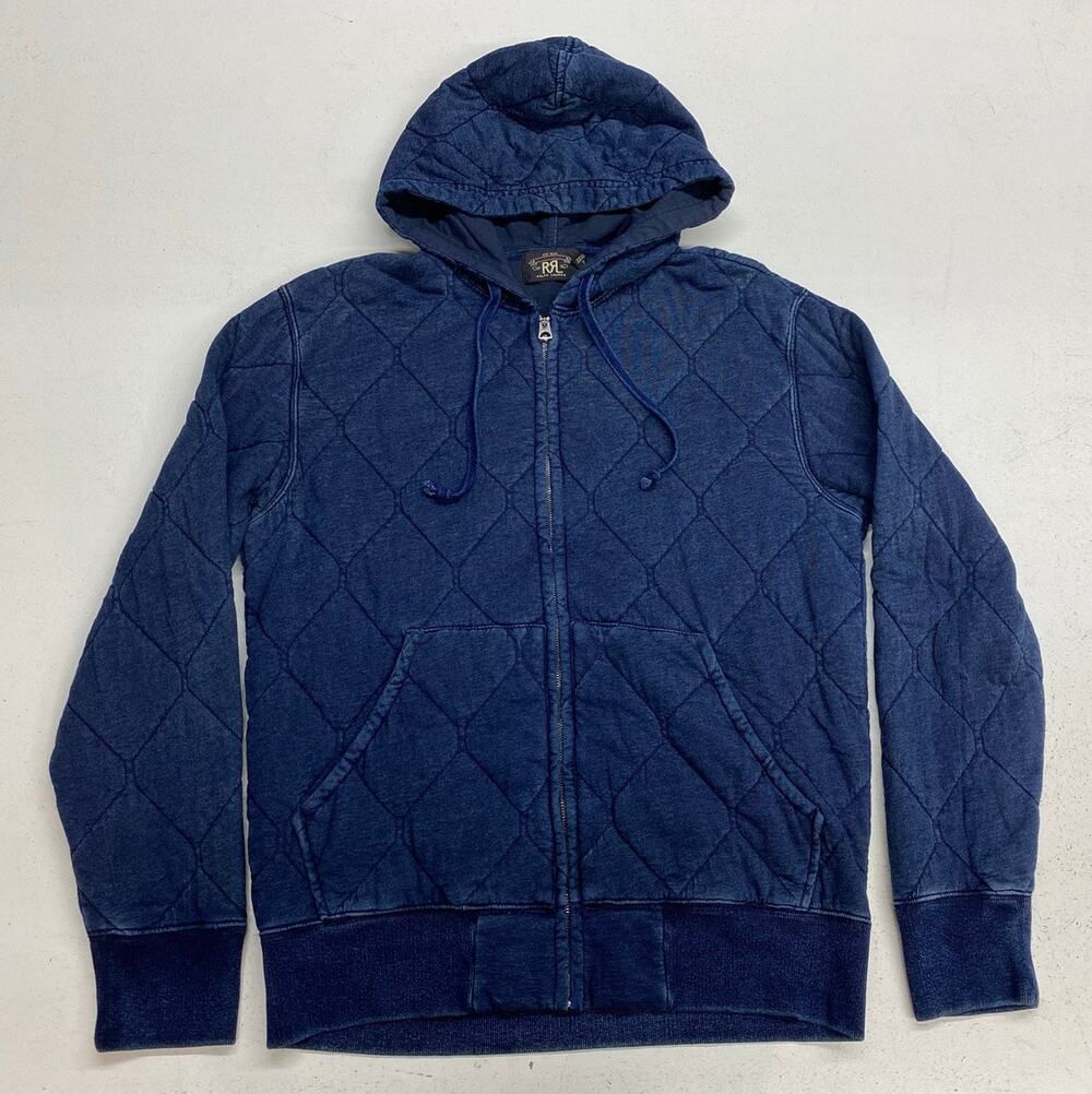Men RRL Ralph Lauren Double RL Indigo Quilted Zip-Up cotton hoodie jacket, M
